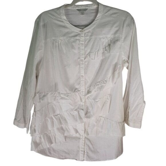 Garnet Hill Women’s Crew Neck Ruffled Cotton Blouse Button Up - Picture 2 of 11